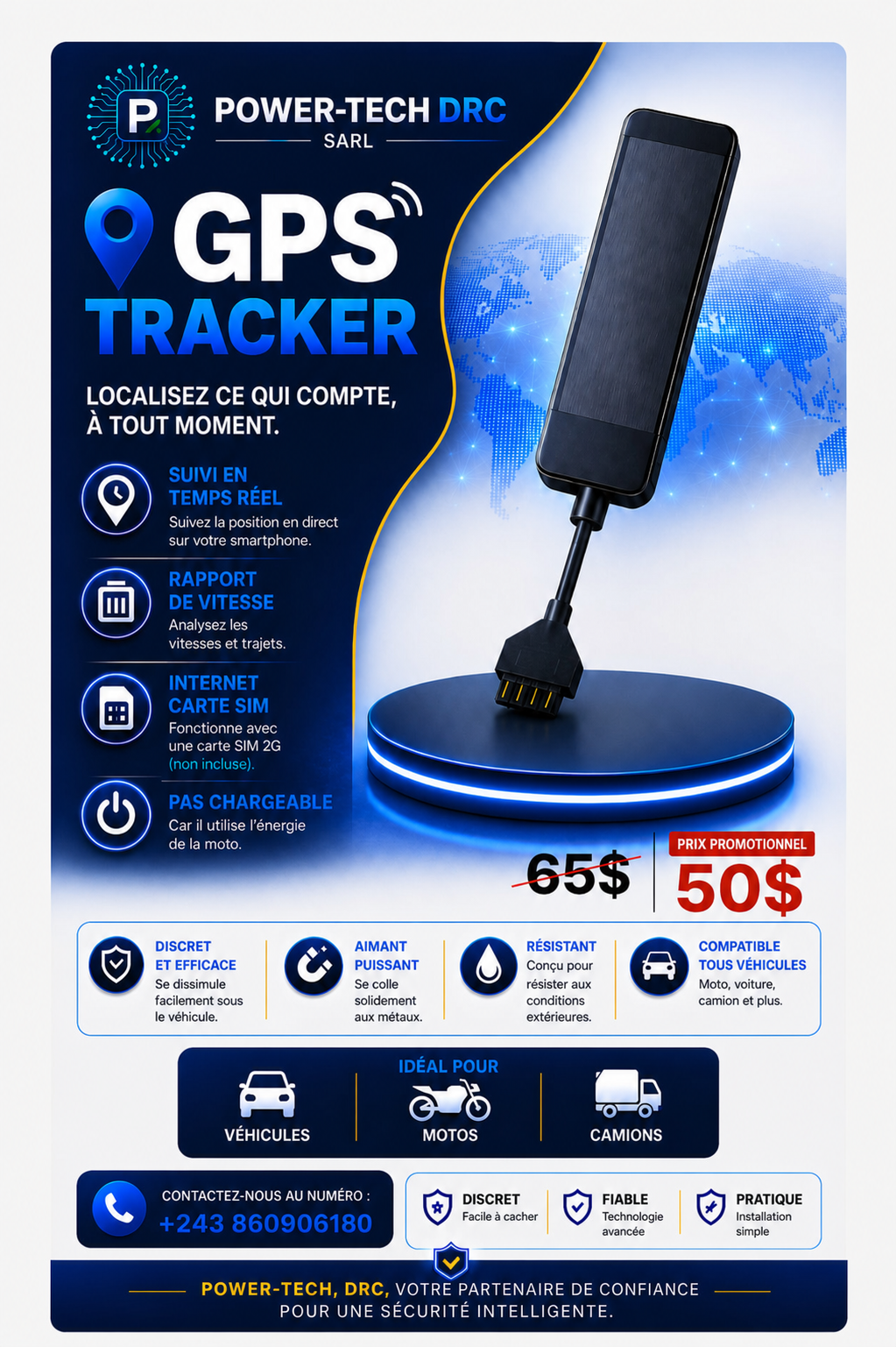 GPS Tracker filaire AKSH POWER-TECH DRC